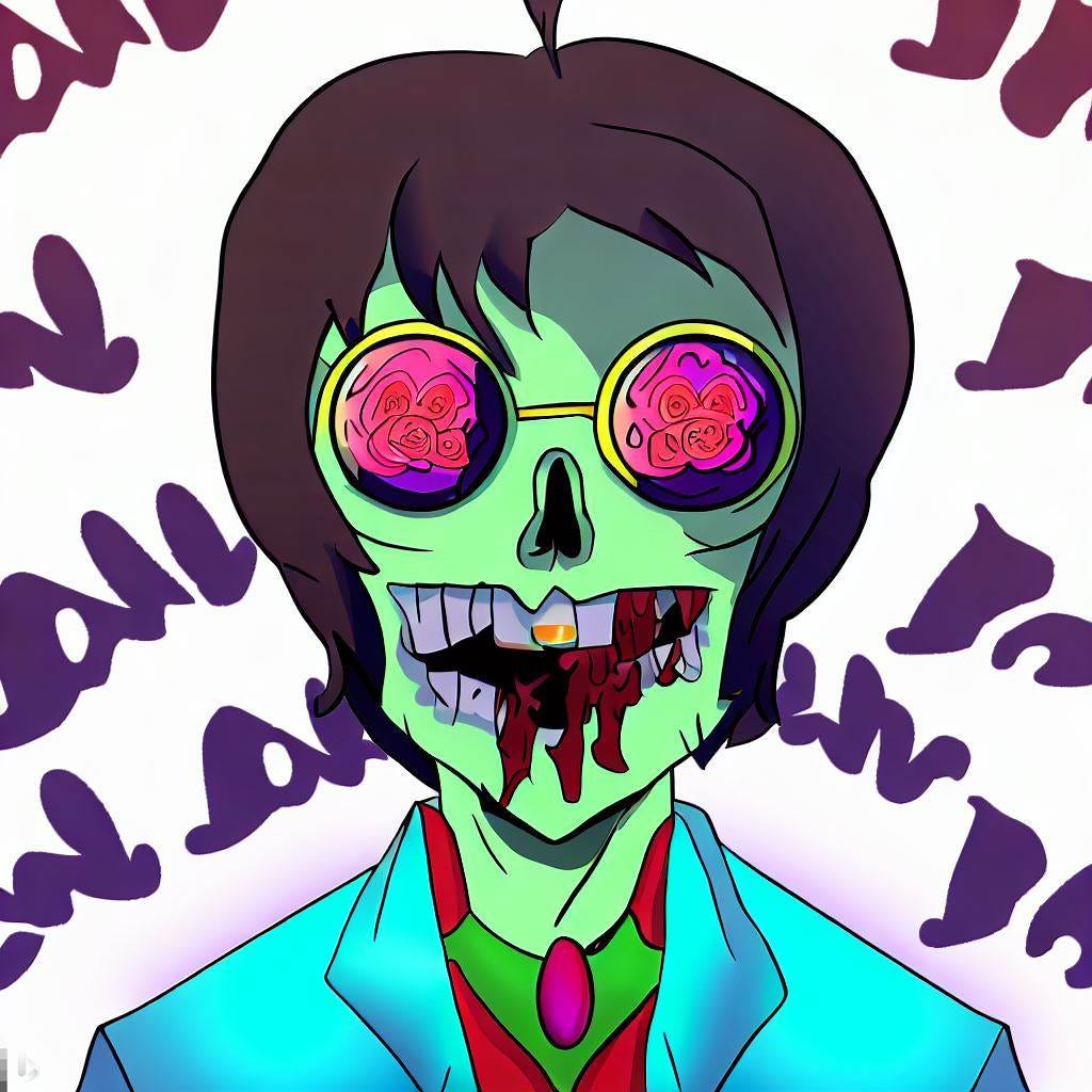 Dibujo que recrea a John Lennon con sus gafas redondas como si fuera un zombie
