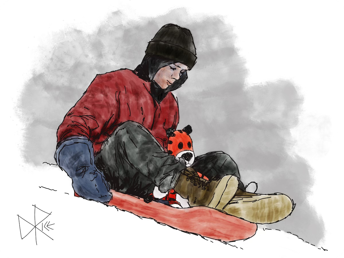 Calvin and Hobbes, seated on a red plastic sled going down a hill - hoping to get some serious momentum going. Sketch art by Don Rice.