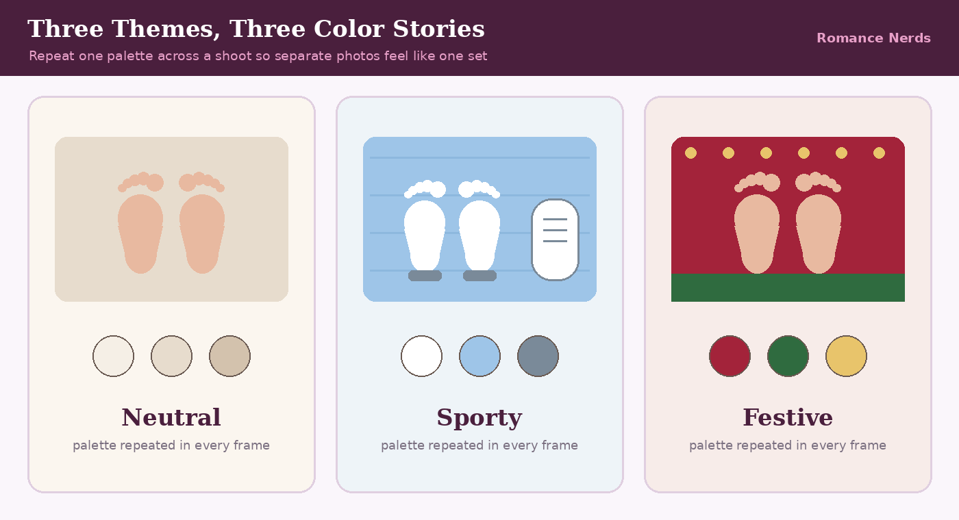 Three panels showing neutral, sporty and festive themed setups for adult feet photos. Three panels showing neutral, sporty and festive themed setups for adult feet photos.