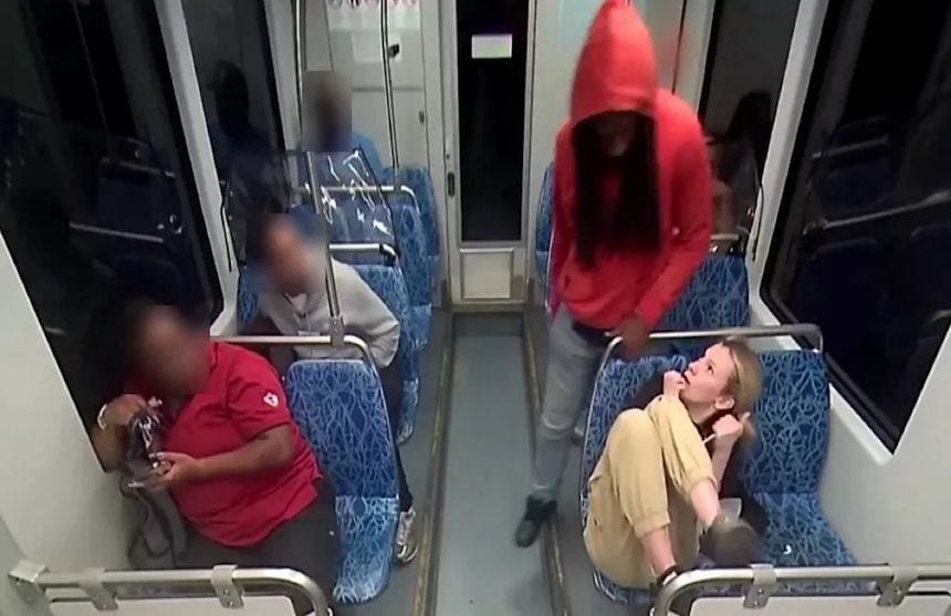 Charlotte Transit System security footage showing Iryna Zarutska, front right and Decarlos Brown, Jr.