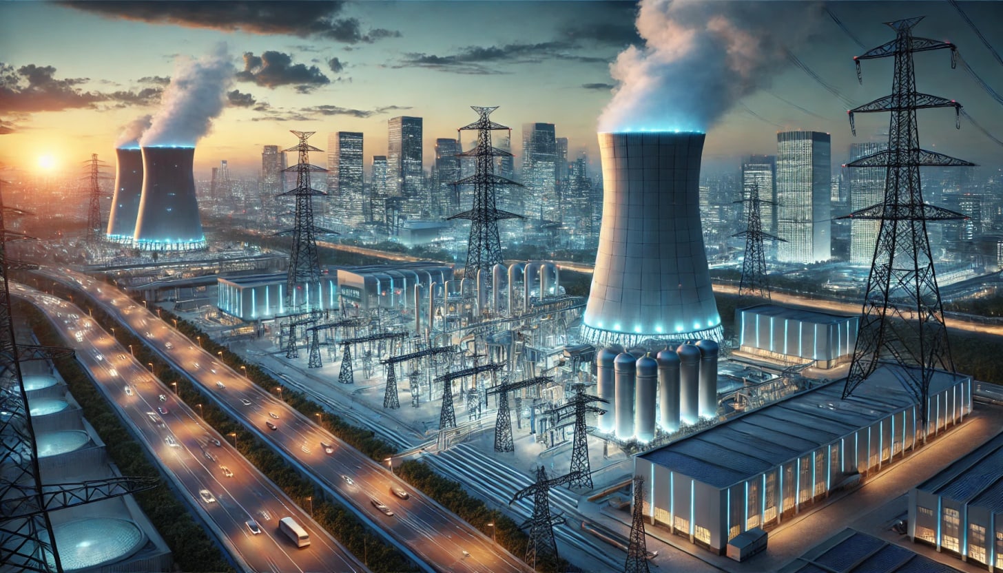 A near-future nuclear reactor gigasite powering a modern city at dusk. The reactor is a massive facility with sleek industrial design, cooling towers, and transmission lines distributing power. The city skyline in the background features contemporary skyscrapers with illuminated windows, electric vehicles on highways, and a mix of traditional and advanced energy infrastructure. The atmosphere is realistic but slightly futuristic, with subtle glowing elements on the power grid and a calm, technological aesthetic.