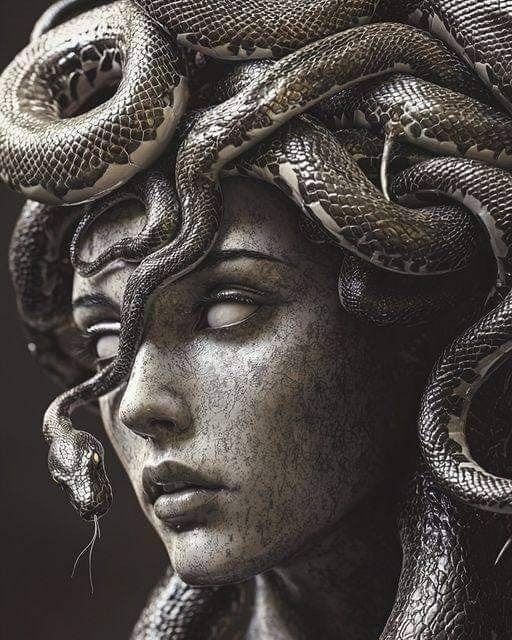 This may contain: a woman's head with a snake wrapped around her neck and eyes closed, in black and white
