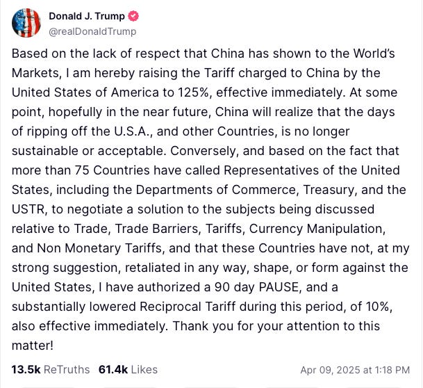 Based on the lack of respect that China has shown to the World’s Markets, I am hereby raising the Tariff charged to China by the United States of America to 125%, effective immediately. At some point, hopefully in the near future, China will realize that the days of ripping off the U.S.A., and other Countries, is no longer sustainable or acceptable. Conversely, and based on the fact that more than 75 Countries have called Representatives of the United States, including the Departments of Commerce, Treasury, and the USTR, to negotiate a solution to the subjects being discussed relative to Trade, Trade Barriers, Tariffs, Currency Manipulation, and Non Monetary Tariffs, and that these Countries have not, at my strong suggestion, retaliated in any way, shape, or form against the United States, I have authorized a 90 day PAUSE, and a substantially lowered Reciprocal Tariff during this period, of 10%, also effective immediately. Thank you for your attention to this matter!