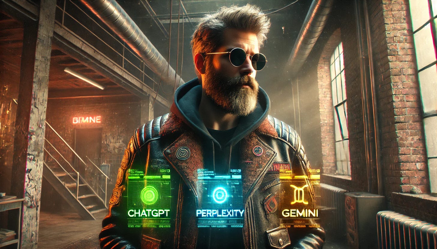 A gritty, realistic cyberpunk-style middle-aged man with a full beard and sunglasses stands in a dimly lit, industrial-style loft. He wears a rugged, futuristic leather jacket with streetwear influences, exuding an effortlessly cool demeanor. In front of him, three holographic choices—ChatGPT in green, Perplexity in blue, and Gemini in gold—are displayed side by side on the same plane, glowing with raw, glitchy energy. The atmosphere is moody, with exposed brick, neon reflections on worn metal surfaces, and a faint mist adding depth to the scene. The Gentleman, deep in thought, considers his options, surrounded by a world of high-tech realism and urban grit. A gritty, realistic cyberpunk-style middle-aged man with a full beard and sunglasses stands in a dimly lit, industrial-style loft. He wears a rugged, futuristic leather jacket with streetwear influences, exuding an effortlessly cool demeanor. In front of him, three holographic choices—ChatGPT in green, Perplexity in blue, and Gemini in gold—are displayed side by side on the same plane, glowing with raw, glitchy energy. The atmosphere is moody, with exposed brick, neon reflections on worn metal surfaces, and a faint mist adding depth to the scene. The Gentleman, deep in thought, considers his options, surrounded by a world of high-tech realism and urban grit.