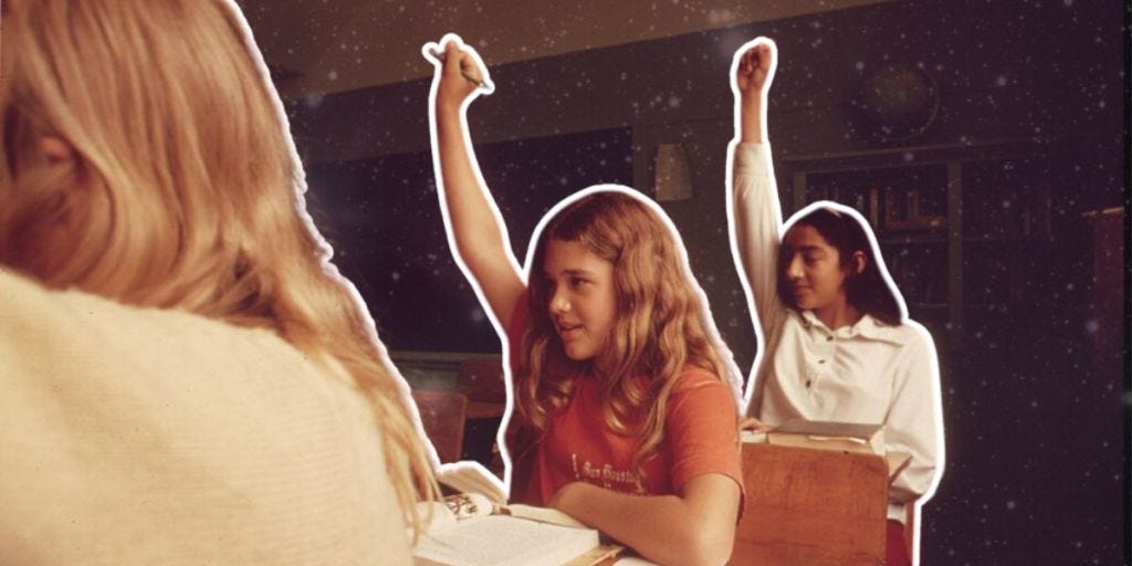 Students raising their hands in a classroom, symbolizing a call to bring logic, critical thinking, and curiosity back into modern education.