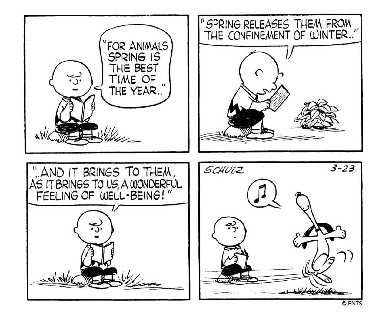 May be an illustration of text that says 'SPRING RELEASES THEM FROM THE CONFINEMENT OF WINTER.." "FOR ANIMALS SPRING IS THE BEST TIME OF THE YEAR.." "AND IT BRINGS TO THEM AS IT BRINGS TO US, A WONDERFUL FEELING OF WELL BEING!" SCHULZ 3-23 ® PNTS'