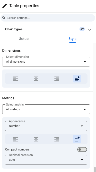 Data Studio Properties Panel - Global styles for dimensions and metrics