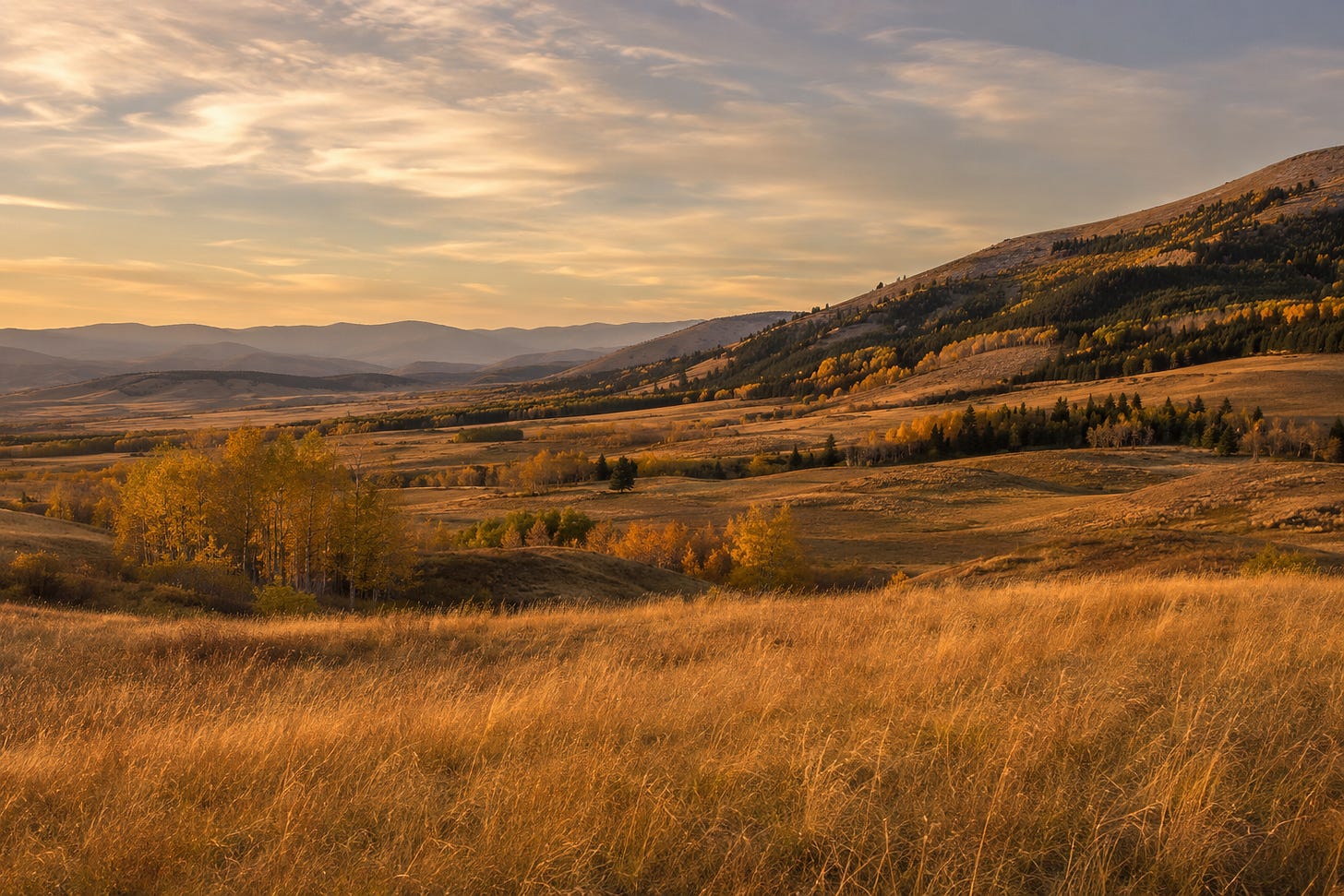 Golden autumn grasslands in the Alberta foothills at sunset, with scattered aspen trees in fall colour and conifer-covered hills receding into the distance under a wide prairie sky. Golden autumn grasslands in the Alberta foothills at sunset, with scattered aspen trees in fall colour and conifer-covered hills receding into the distance under a wide prairie sky.