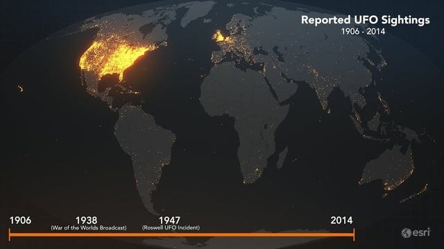 r/MapPorn - UFO sighting map of the world (1906 - 2014)