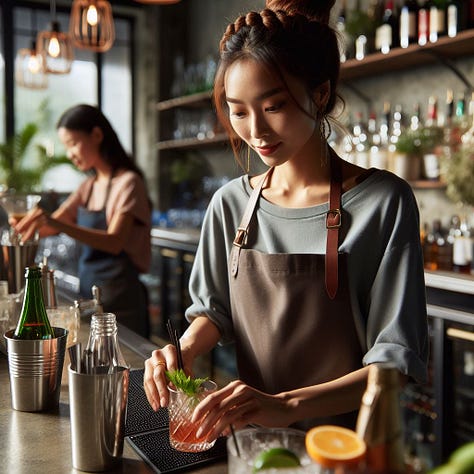 ”create me an image of a woman with braids making drinks behind bar shot by professional photographer”
