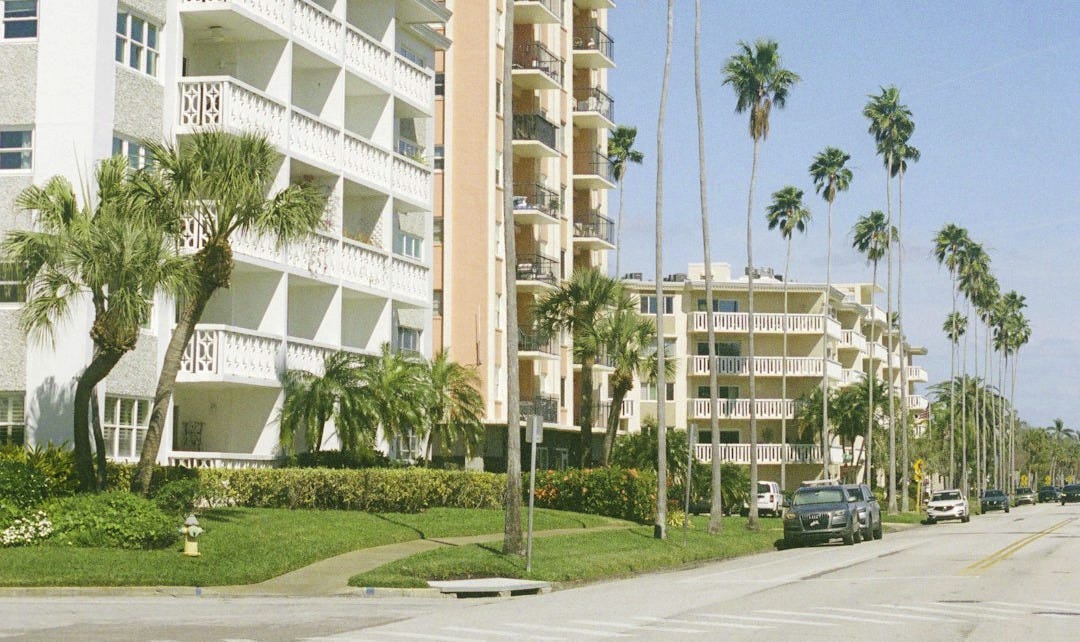 Palm trees line a street with apartment buildings Palm trees line a street with apartment buildings