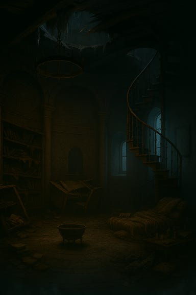 Interior of the second floor of Khazan's tower. The room is circular and cavernous, shaped like a ruined library. The ceiling sags, with exposed timber beams and a cracked chandelier swaying gently. Bookshelves line the curved stone walls, most collapsed inward, with broken spines and curled pages scattered across the floor. A writing desk lies overturned near a narrow window, one leg charred, and a quill embedded in a ceiling beam. In one corner, a nest of blankets and rags suggests recent use, with candle stubs and a half-full waterskin. A rusted brazier sits at the center, filled with cold ashes. A cracked mirror hangs crookedly on the far wall, reflecting the stairwell but not the faces of those who stand before it. The atmosphere is quiet, eerie, and filled with forgotten memory. Interior of the second floor of Khazan's tower. The room is circular and cavernous, shaped like a ruined library. The ceiling sags, with exposed timber beams and a cracked chandelier swaying gently. Bookshelves line the curved stone walls, most collapsed inward, with broken spines and curled pages scattered across the floor. A writing desk lies overturned near a narrow window, one leg charred, and a quill embedded in a ceiling beam. In one corner, a nest of blankets and rags suggests recent use, with candle stubs and a half-full waterskin. A rusted brazier sits at the center, filled with cold ashes. A cracked mirror hangs crookedly on the far wall, reflecting the stairwell but not the faces of those who stand before it. The atmosphere is quiet, eerie, and filled with forgotten memory.