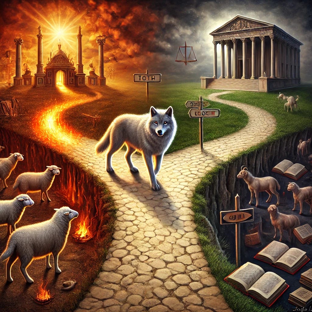 An artistic depiction of a wolf in sheep's clothing standing at a crossroads. One path represents divine moral law, glowing with light and marked with symbols of truth, justice, and harmony, while the other path descends into darkness, symbolizing moral relativism and chaos. The wolf appears sly, blending in with the sheep, and the crossroads is set in a symbolic landscape that hints at the Enlightenment era as the turning point, with classical architecture and books scattered on the dark path, representing human reason replacing divine guidance.