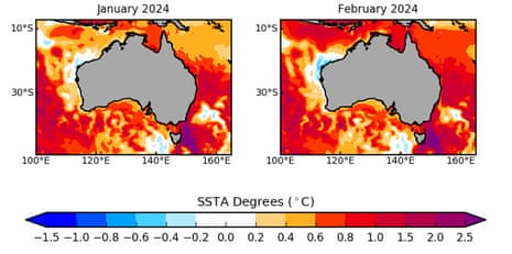 A Bureau of Meteorology map showing sea surface temperatures. The Bureau of Meteorology expects a patch of the Tasman Sea off Tasmania and Victoria will be at least 2.5C above average from September to February