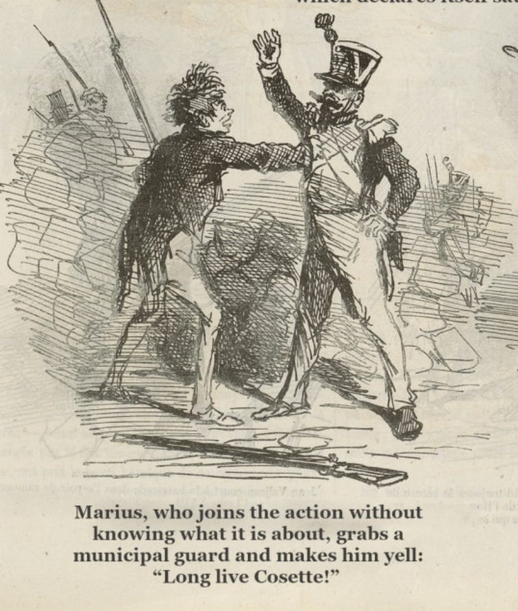 Illustration of Marius and a municipal guard member with the caption: "Marius, who joins the action without knowing what it is about, grabs a municipal guard and makes him yell: 'Long live Cosette!'" Illustration of Marius and a municipal guard member with the caption: "Marius, who joins the action without knowing what it is about, grabs a municipal guard and makes him yell: 'Long live Cosette!'"