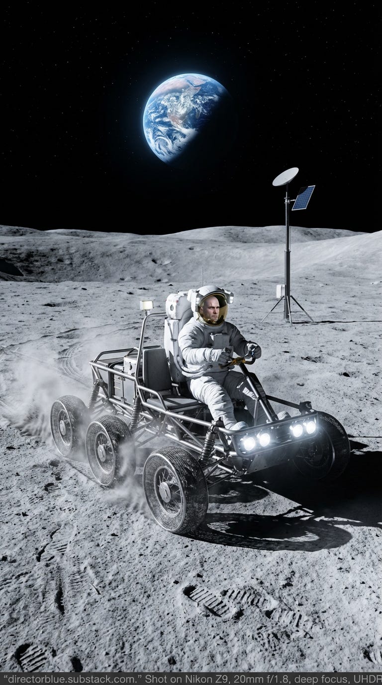 same subject new image Hyper-detailed 9x16 photographic image promptUltra-realistic photographic scene 9x16 vertical format Lunar surface exterior A six-wheeled unpressurized rover with exposed titanium frame wire-mesh wheels and no canopy t_image_1