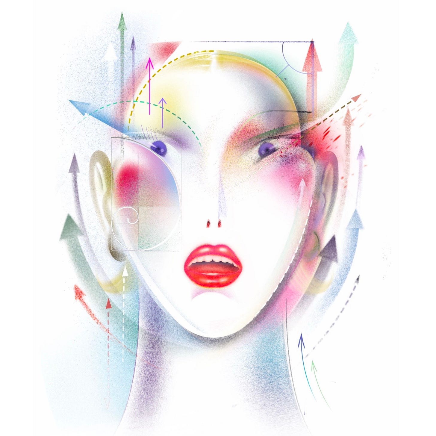 Illustration of female face with arrows indicating cosmetic surgery
