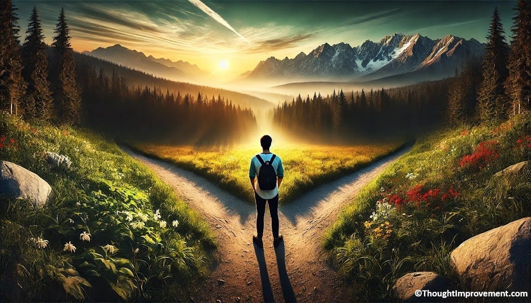 A man standing in front of two paths.
