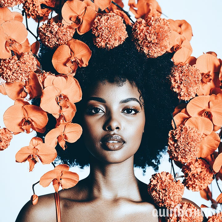 A beautiful black woman surrounded by orange flowers in different art styles.