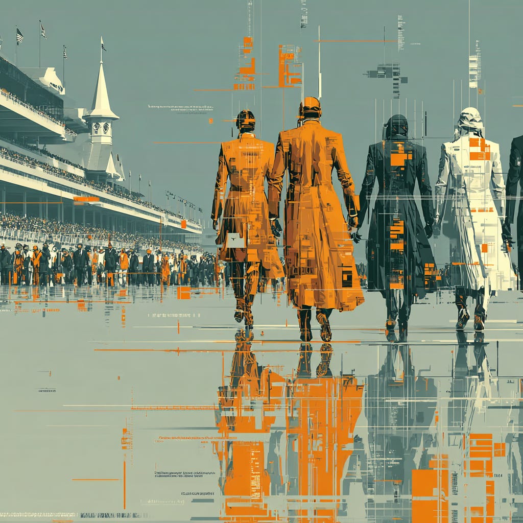 A visually striking, digitally enhanced image depicting five business figures walking in formation across a reflective surface, dressed in futuristic trench coats—three in orange and two in darker shades. They move away from the viewer toward a stylised grandstand resembling a racecourse, with a large crowd in the background. The image is overlaid with geometric data patterns and abstract code fragments in orange and grey tones, symbolising digital transformation, AI adoption, and competitive strategy. The scene evokes a sense of urgency, innovation, and high-stakes performance, suitable for illustrating themes like corporate AI readiness, strategic resilience, and technological leadership. Ideal for a Substack article titled “Your Biggest Competitor Just Launched Their AI Strategy—And That’s OK,” targeting executives navigating AI strategy during market volatility.