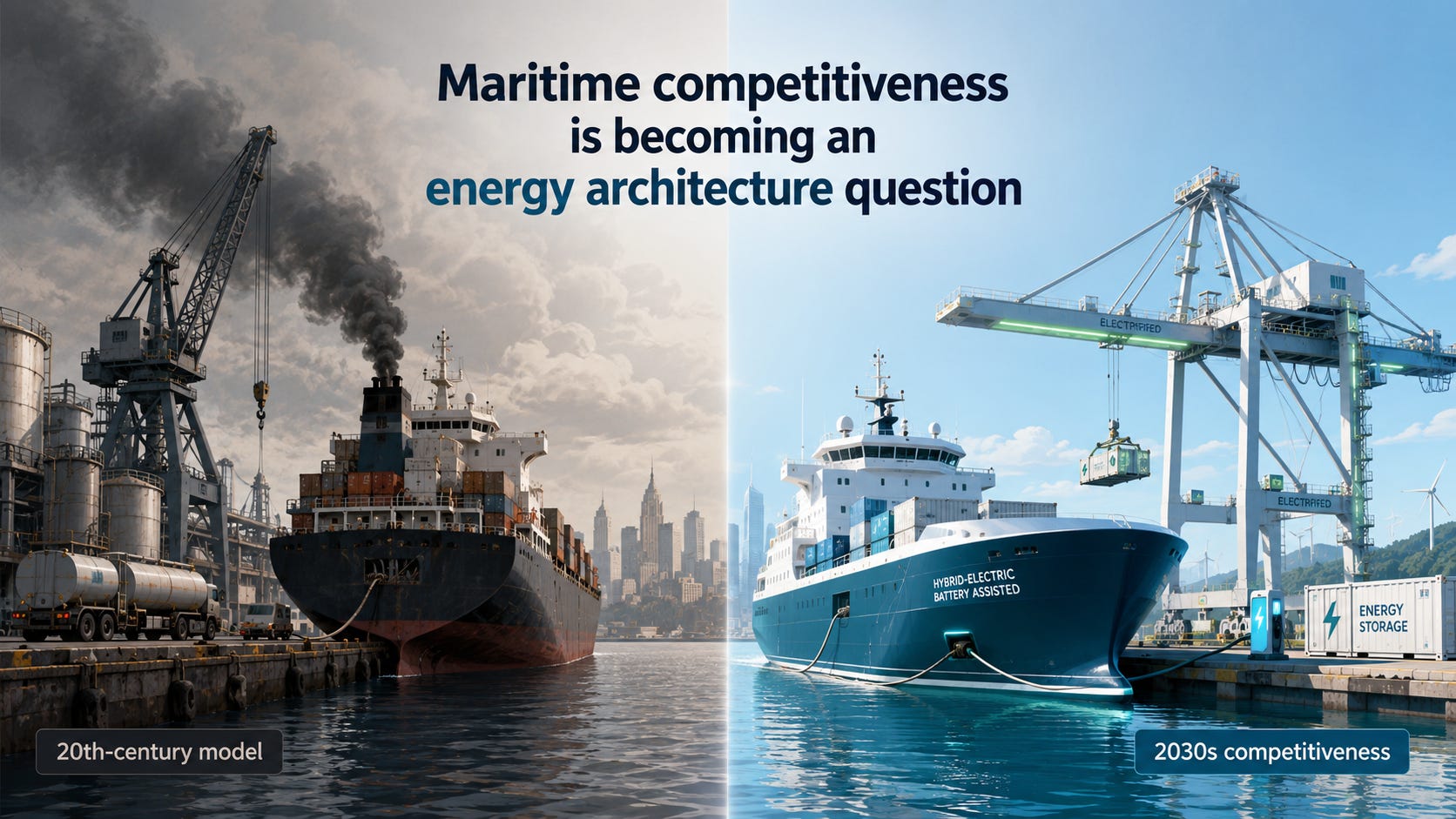 Split image contrasting fossil-fueled U.S. shipping with a hybrid-electric maritime fleet model. Split image contrasting fossil-fueled U.S. shipping with a hybrid-electric maritime fleet model.