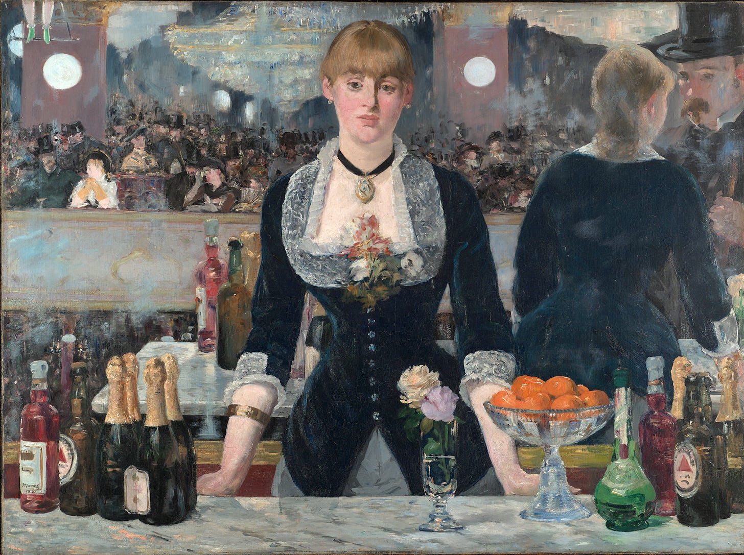 Édouard Manet, A Bar at the Folies Bergère, 1882. A barmaid stands behind a marble counter loaded with bottles, a bowl of oranges and two roses, in front of a large mirror reflecting the crowded music hall. Édouard Manet, A Bar at the Folies Bergère, 1882. A barmaid stands behind a marble counter loaded with bottles, a bowl of oranges and two roses, in front of a large mirror reflecting the crowded music hall.