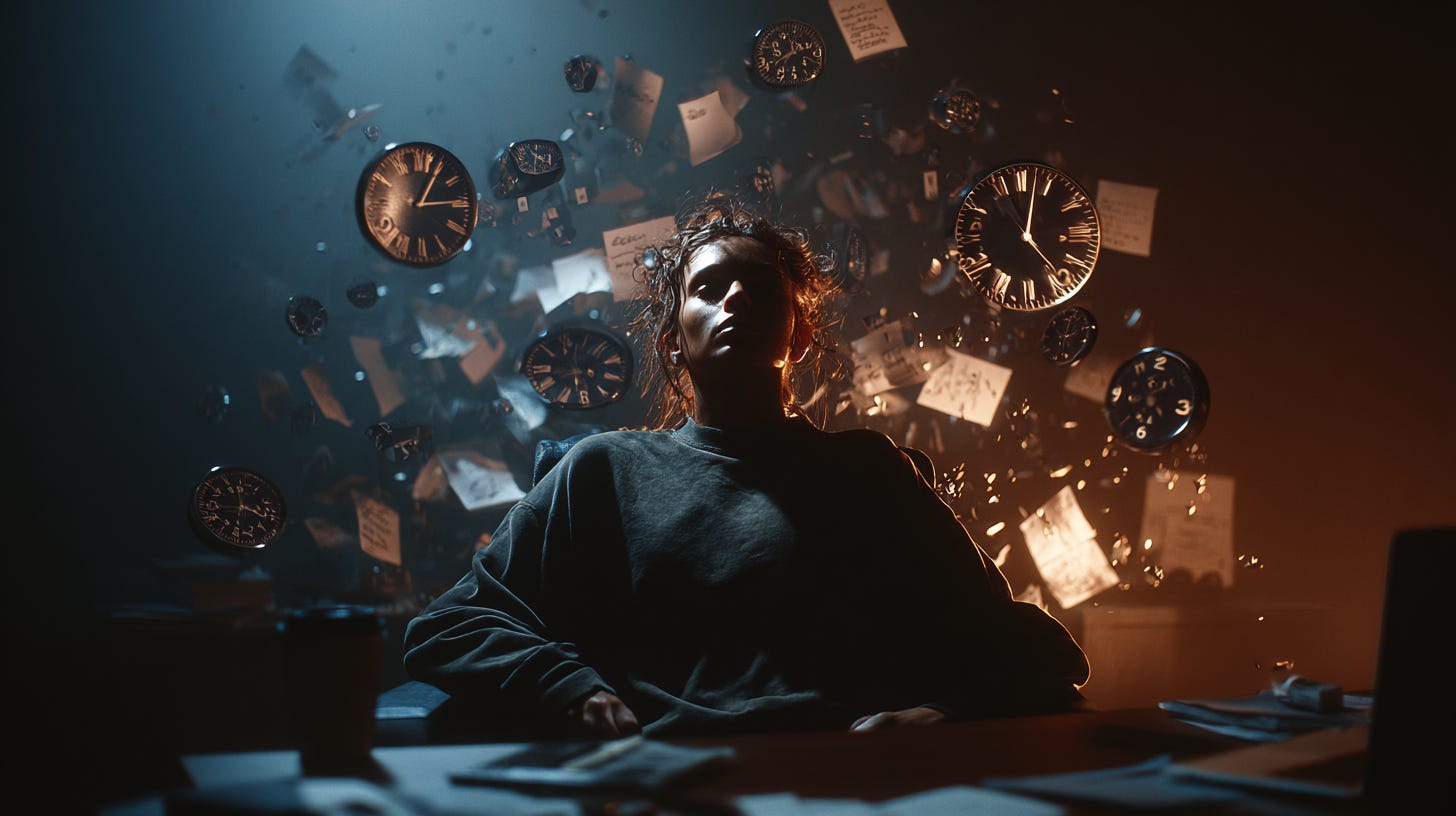 A person sitting at a desk surrounded by floating clocks of different sizes showing various times, some melting like Salvador Dali clocks, others spinning rapidly,