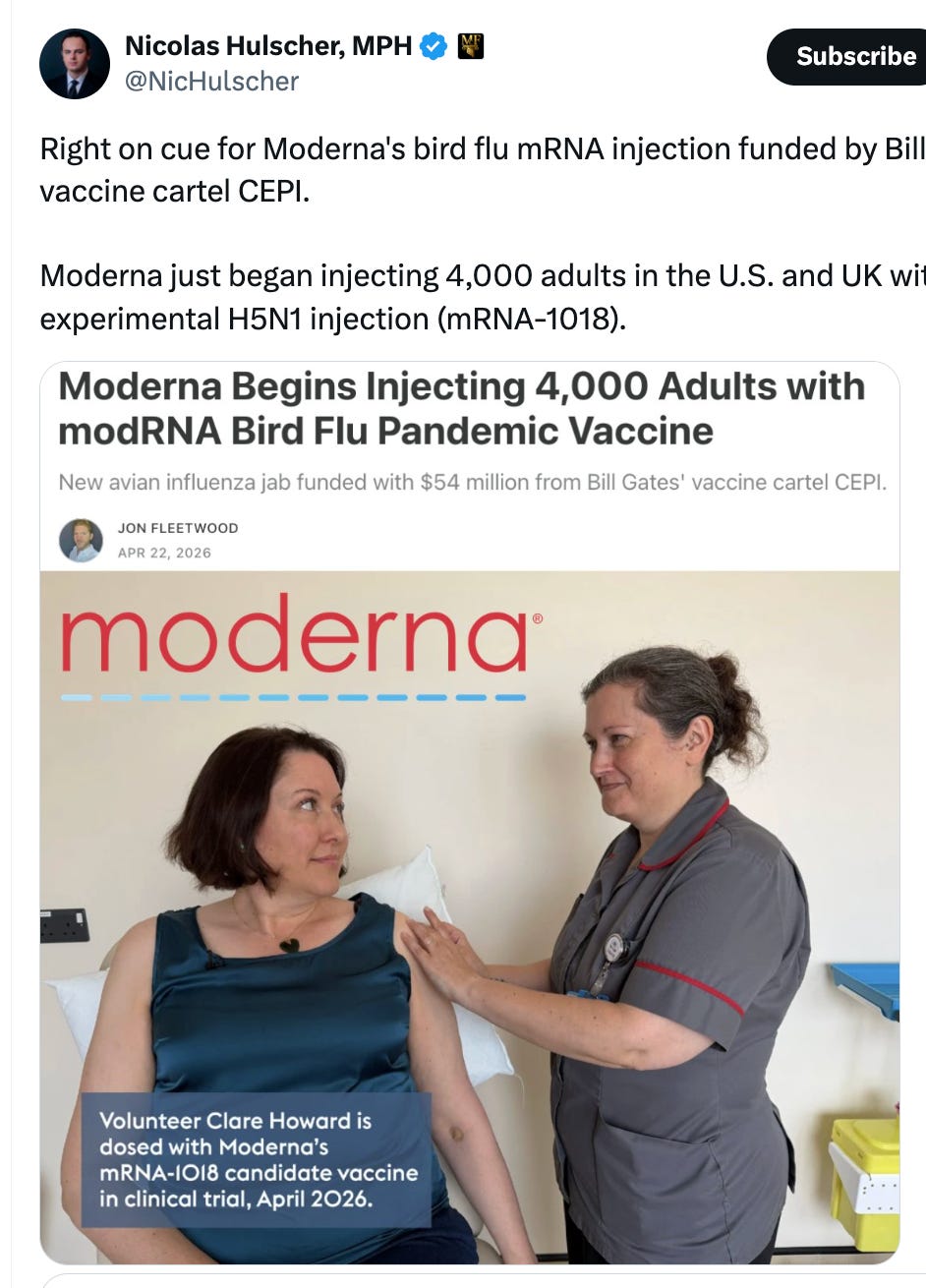 Moderna Begins Injecting 4,000 Adults with modRNA Bird Flu Pandemic Vaccine