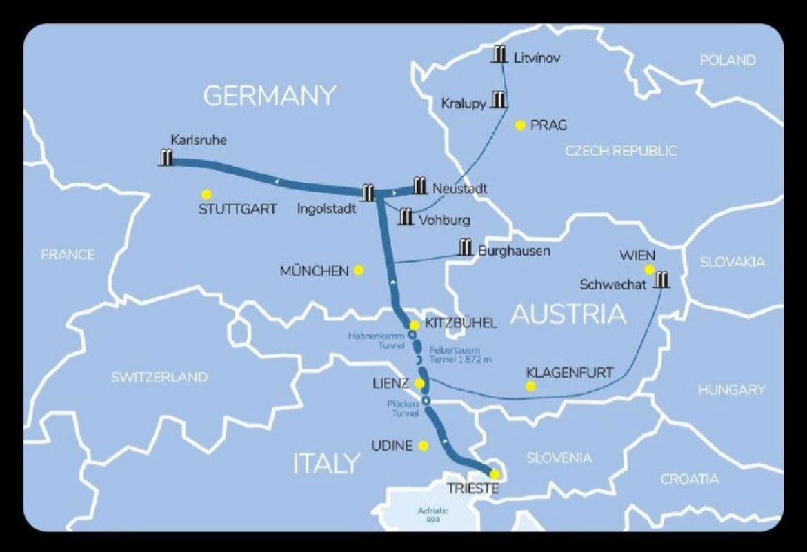 A map of the roads connecting Germany, Austria and the Czech Republic, highlighting cities such as Karlsruhe, Prague and Vienna. A map of the roads connecting Germany, Austria and the Czech Republic, highlighting cities such as Karlsruhe, Prague and Vienna.