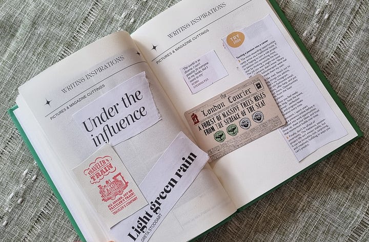 pages from the Writers Handbook titled 'Writing Inspirations' and 'Walks in Nature' with magazine cuttings and pressed flowers pasted in.