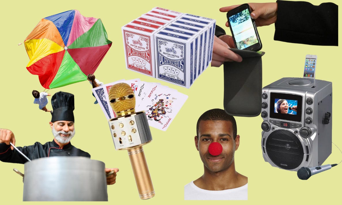 a green background with photo cutouts of a parachute, a large pot, a golden microphone, a clown nose, a karaokemachine, and a pouch for phones to be put away