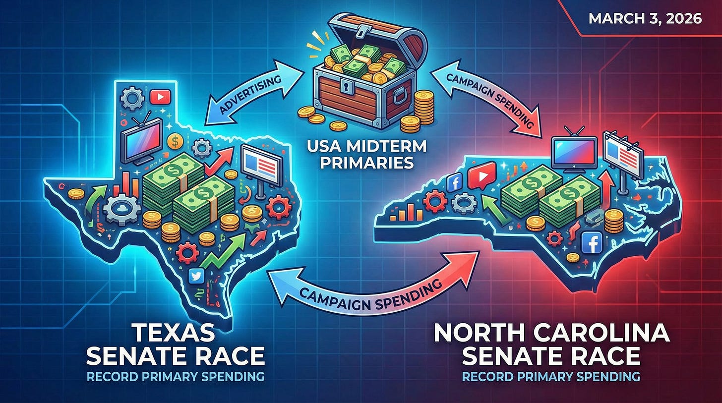 AI-generated illustration of the states of Texas and North Carolina with campaign spending and advertising spending icons, symbolizing record campaign spending in the primary phase of the election cycle. AI-generated illustration of the states of Texas and North Carolina with campaign spending and advertising spending icons, symbolizing record campaign spending in the primary phase of the election cycle.