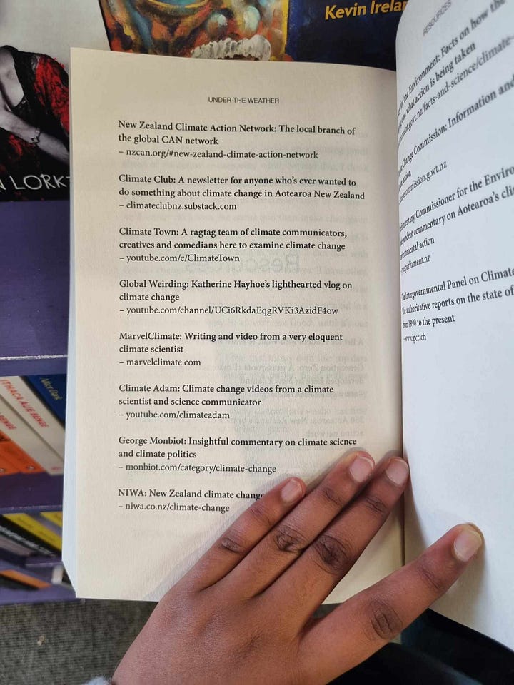 Photo of book cover, and a page in the book mentioning Climate Club among a list of climate resources.