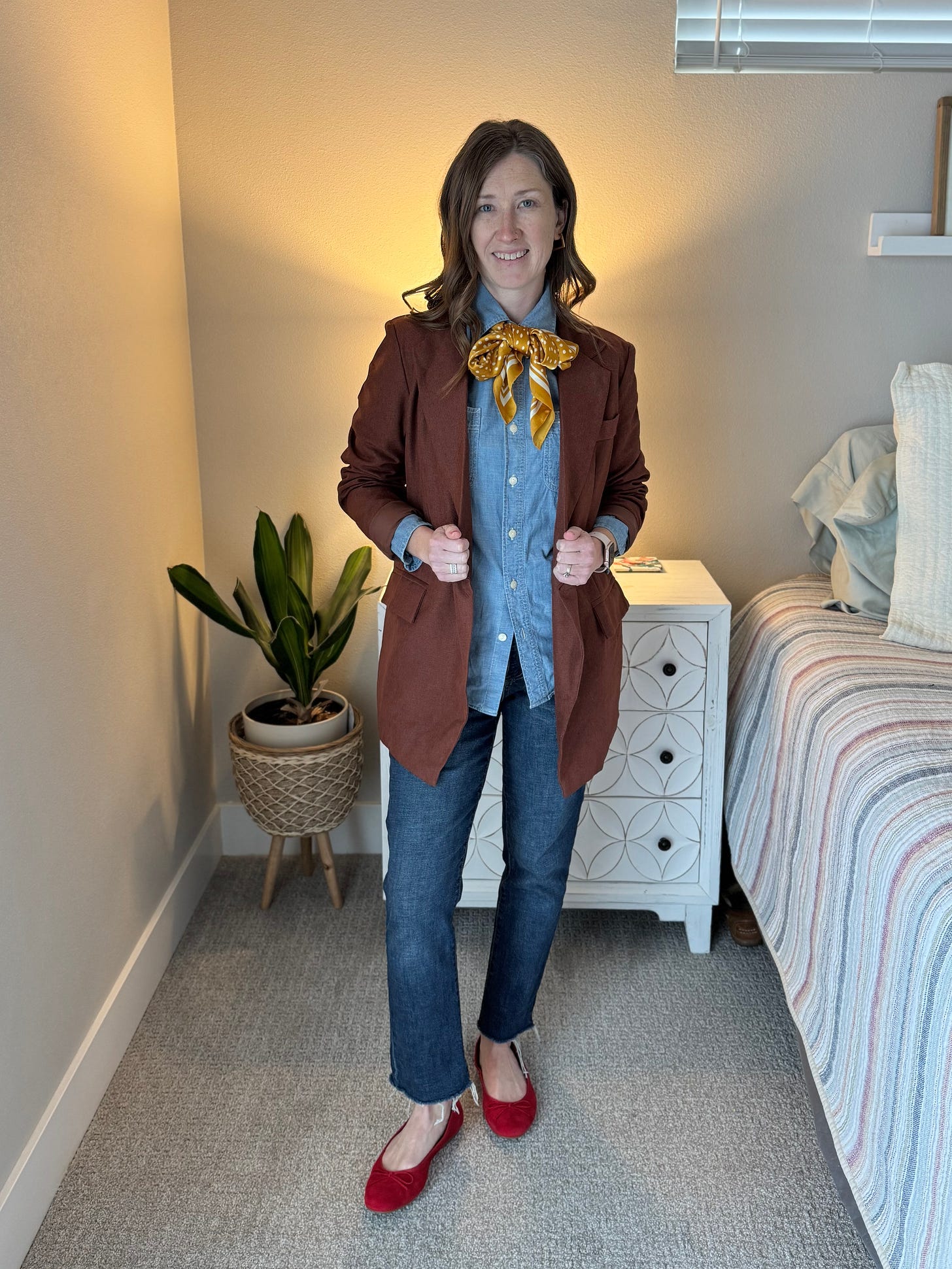 neck scarf outfit, ballet flats, denim outfit