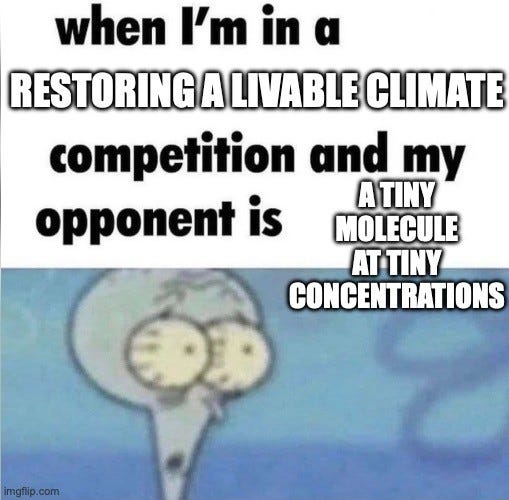Same Squidward template. Text: "when I'm in a RESTORING A LIVABLE CLIMATE competition and my opponent is A TINY MOLECULE AT TINY CONCENTRATIONS"