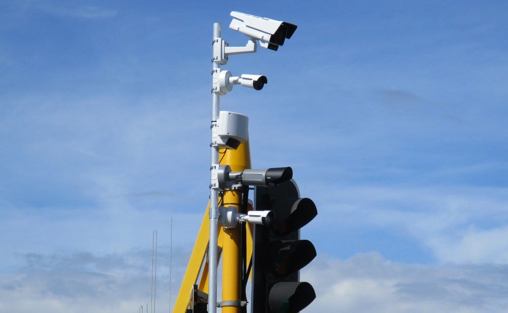 Multiple cameras and sensors installed near a Hamilton roundabout in 2024, Part of an experiment which was trialing different traffic monitoring technologies