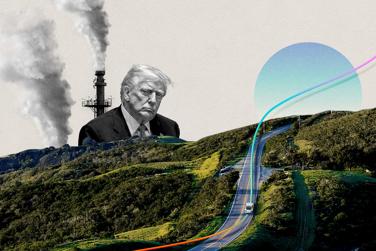 Collage illustration featuring Donald Trump's profile against green hills, with industrial smokestacks on the left and a colorful line graph representing an upward trend for clean energy alongside a highway on the right.
