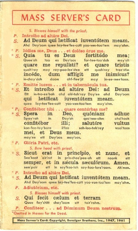 stock photos of some altar boys and a laminated altar boy response (in Latin) card