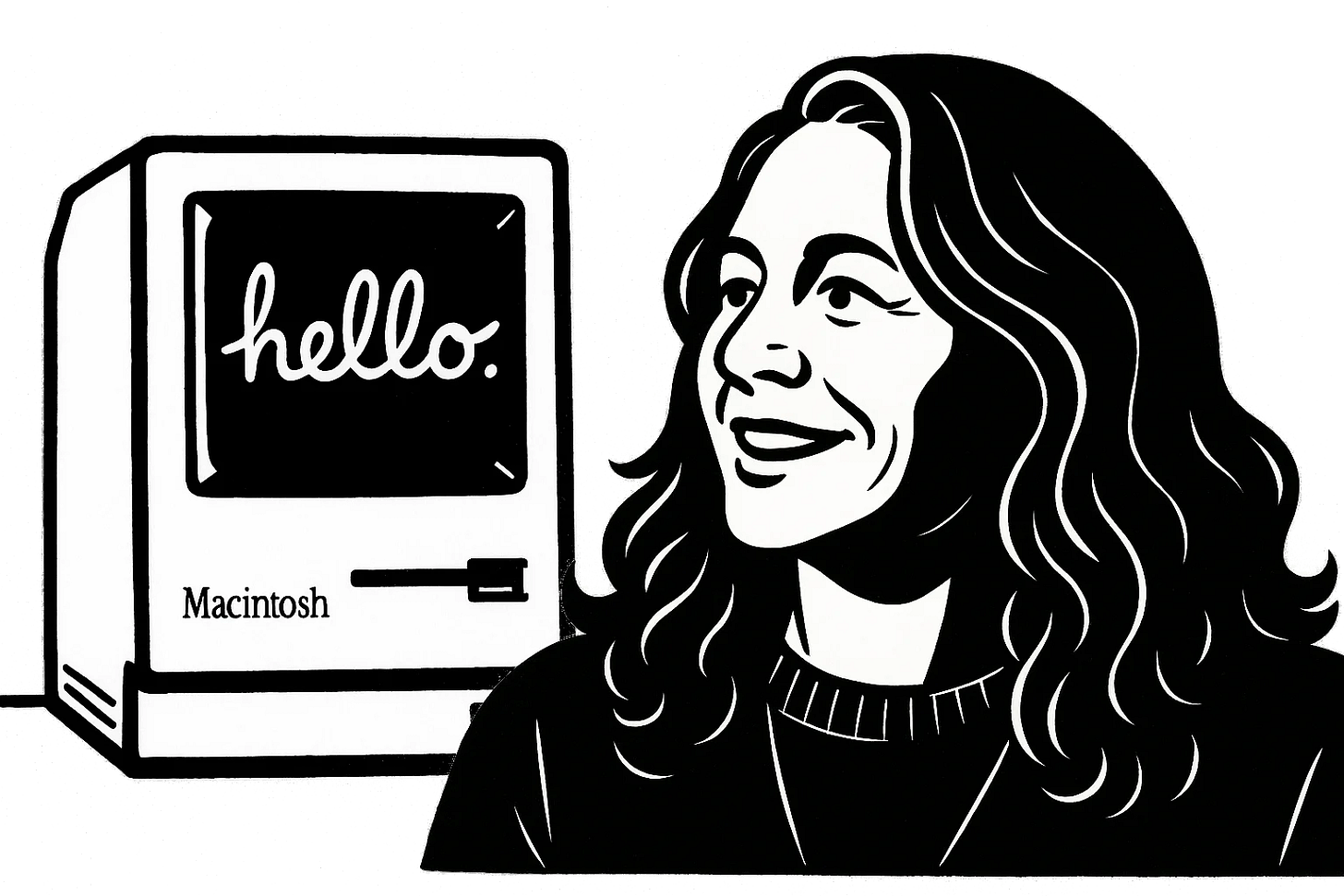 Susan Kare (vpravo) u počítače Apple Macintosh Classic s nápisem „hello“. Susan Kare (vpravo) u počítače Apple Macintosh Classic s nápisem „hello“.