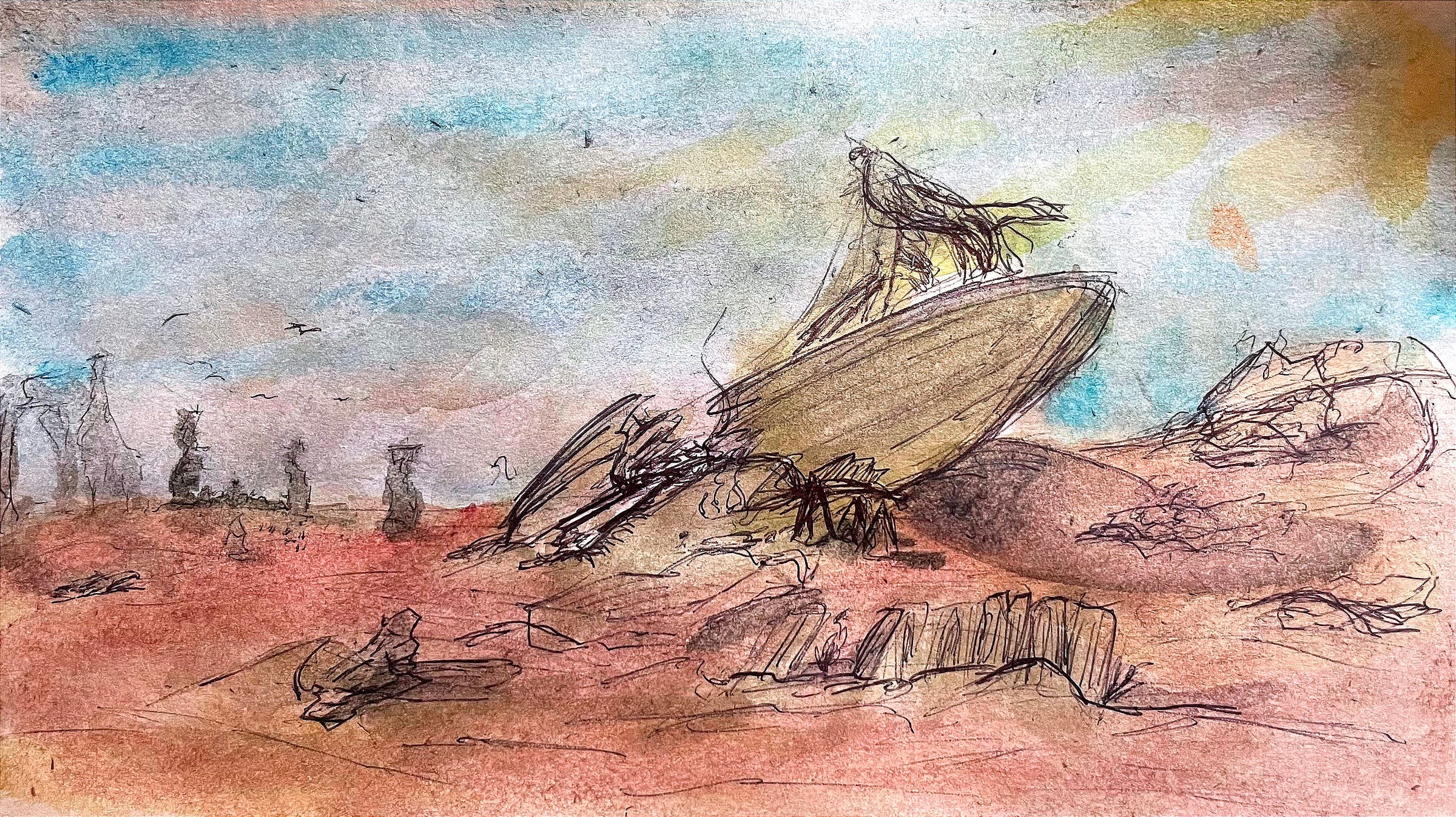 A watercolor painting of a wrecked Tazir Sandsail prototype in the Szaahel Aamsk desert.