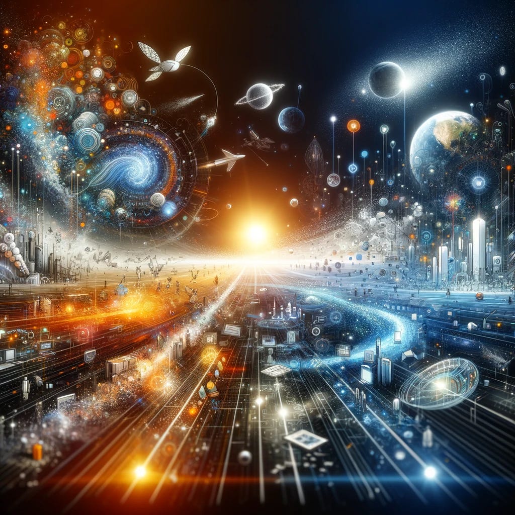 Illustrate the concept of "a story of future technologies" using a dynamic and vivid color scheme of white, orange, and blue, set against a dark background. The image should encapsulate the essence of innovation and the futuristic vision of technology. Imagine a composition that blends elements of advanced computing, artificial intelligence, renewable energy sources, and space exploration. These components are visualized through a series of interconnected scenes or devices that symbolize the progression and integration of technology into everyday life and beyond. The scene aims to convey a sense of wonder and the endless possibilities that future technologies hold, inviting viewers to ponder the advancements that lie ahead in a world where technology and human creativity converge.