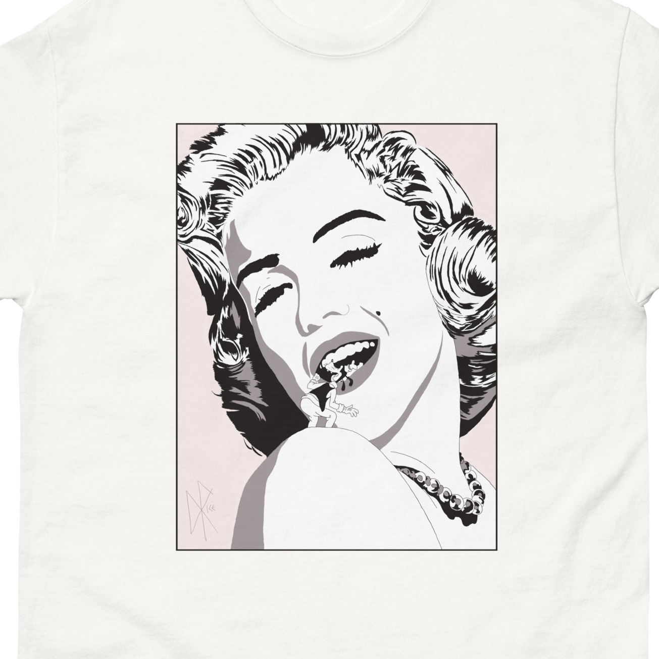 Close-up of Marilyn Monroe’s head and shoulders. Tiny Goofy stands on Marilyn’s left shoulder, looking into her smiling mouth. Sketch art by Don Rice. Close-up of Marilyn Monroe’s head and shoulders. Tiny Goofy stands on Marilyn’s left shoulder, looking into her smiling mouth. Sketch art by Don Rice.