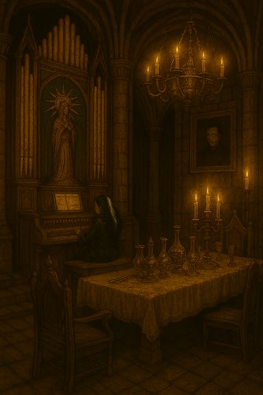 Recreate the gothic, candlelit image of Clarion playing the massive pipe organ in the magnificent dining hall of Castle Ravenloft. Clarion should have her signature black hair with a single white streak, and wear dark velvet robes with silver embroidery. She is seated at the organ, which looms with towering pipes and carved wood. The dining hall should include crystal decanters, long banquet tables, and flickering candlelight. The atmosphere is reverent, eerie, and majestic, as Clarion plays with solemn intensity.