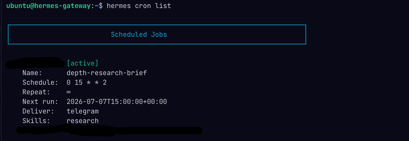Terminal on Ubuntu VM running hermes cron list scheduled for Telegram.