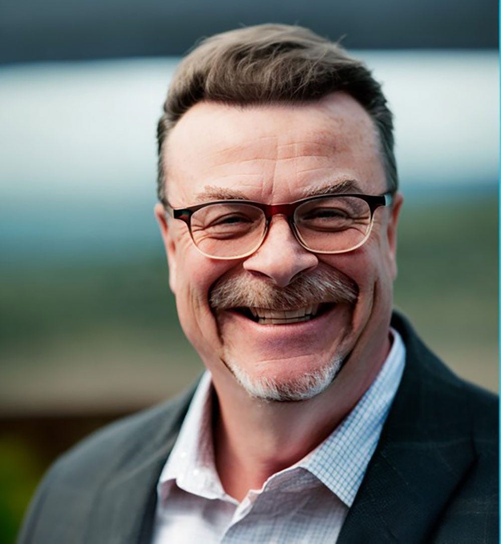 A middle-aged man with light skin, short brown hair, and a neatly trimmed mustache and goatee. He wears brown-rimmed glasses, a white collared shirt, and a dark blazer. He is smiling broadly outdoors with a blurred background of greenery and sky. A middle-aged man with light skin, short brown hair, and a neatly trimmed mustache and goatee. He wears brown-rimmed glasses, a white collared shirt, and a dark blazer. He is smiling broadly outdoors with a blurred background of greenery and sky.