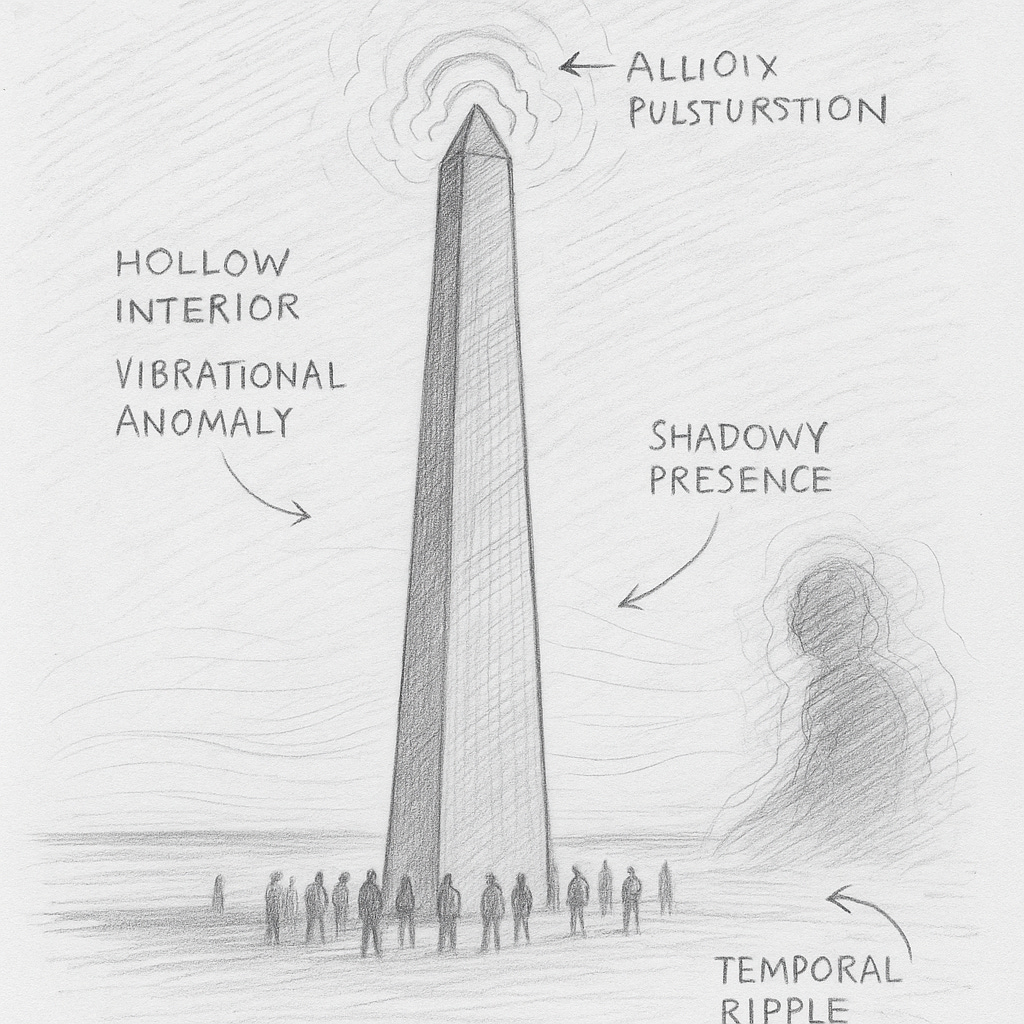 Graphite drawing of an obelisk-like monument annotated with labels. Arrows point to features: “Hollow interior vibrational anomaly,” “Allioix pulsturstion” at the top, “Shadowy presence” to the side, and “Temporal ripple” near the base. Several human figures stand around the structure.