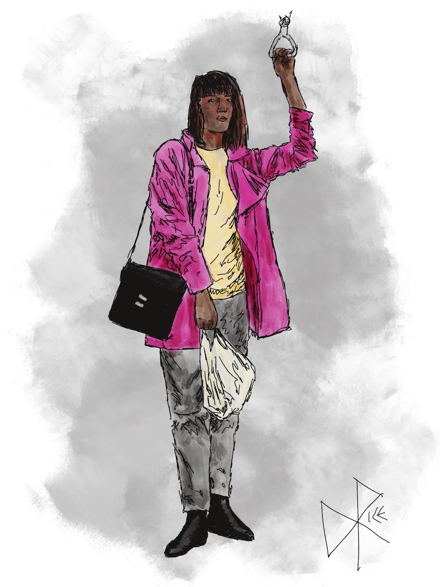 A woman in a pink coat standing while commuting. Sketch art by Don Rice.