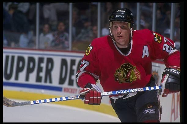 Center Jeremy Roenick of the Chicago Blackhawks moves down the ice during a game against the Anaheim Mighjty Ducks at Arrowhead Pond in Anaheim,...