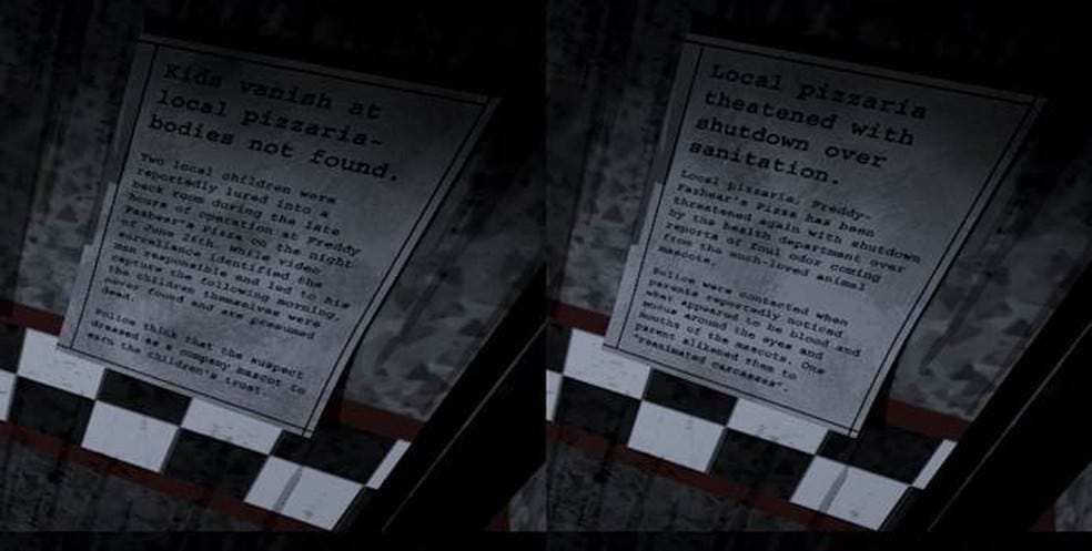 Artigos nas paredes confiram os rumores de que há algo estranho na pizzaria de Five Nights at Freddy’s — Foto: Divulgação/Scott Cawthon