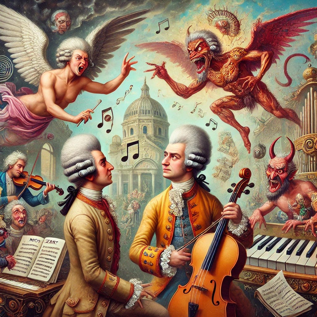 A whimsical and surreal 18th-century-style painting inspired by Hieronymus Bosch, depicting the Angel vs. Devil debate about Mozart's music. Mozart, in powdered wig and period attire, is at the center, surrounded by elements of his compositions like music notes, a piano, and operatic masks. The Angel and Devil hover on either side of a modern listener, personifying the debate with exaggerated, almost grotesque yet playful features. The background is a fantastical blend of a Viennese salon and surreal landscapes with unexpected details (e.g., oversized quills, floating instruments). The colors are vivid with rich textures, evoking a Boschian dreamlike world while retaining the elegance of the 18th century.
